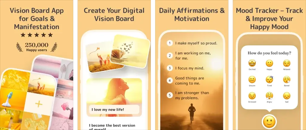 Vision Board - Perfectly Happy app interface with digital vision board, daily affirmations, mood tracker and gratitude journal